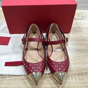 Valentino Garavani Leather Quiltted Studded Ballerina Flats 39  Red excellent